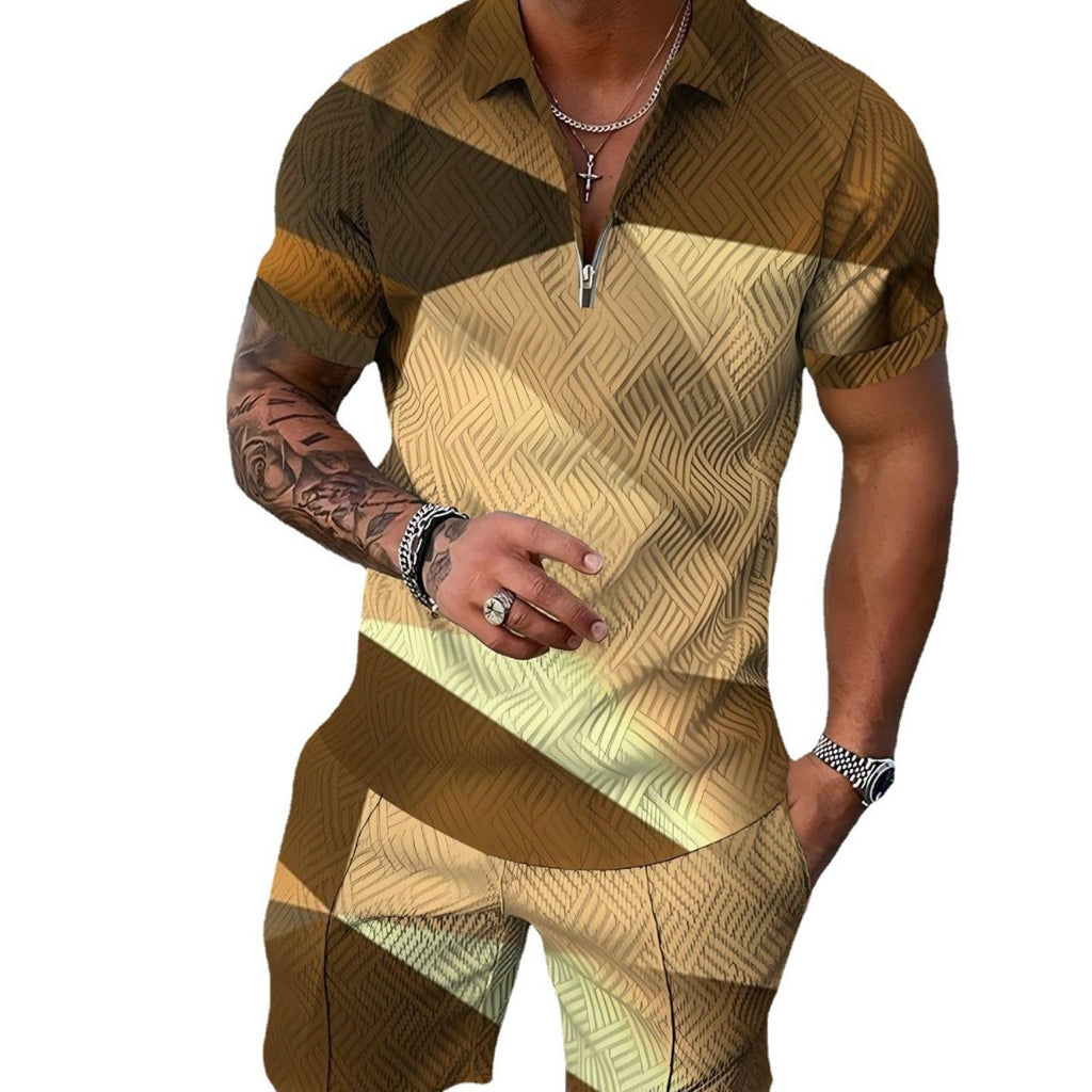 Cross-border Summer Foreign Trade Fashion Zipper Polo Shirt Suit Men&#039;s Casual 3D Printed Polo Shirt Beach Pants Suit