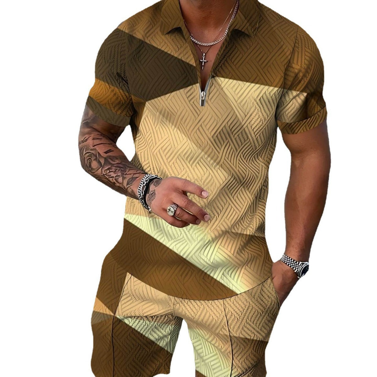 Cross-border Summer Foreign Trade Fashion Zipper Polo Shirt Suit Men&#039;s Casual 3D Printed Polo Shirt Beach Pants Suit