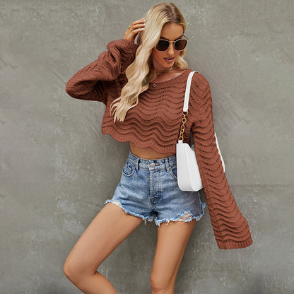 Fashion Solid Color Hollow Wave Short Pullover Sweater Women