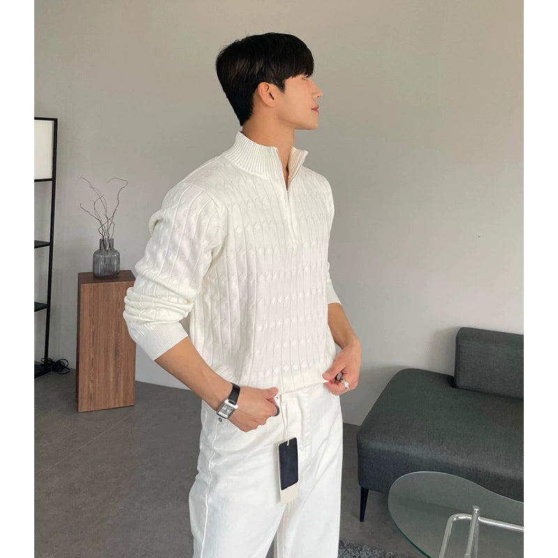 Half Turtleneck Zipper Sweater For Men, High-end Lazy Pullover Long-sleeved Sweater, Fashionable And Versatile White Jacket