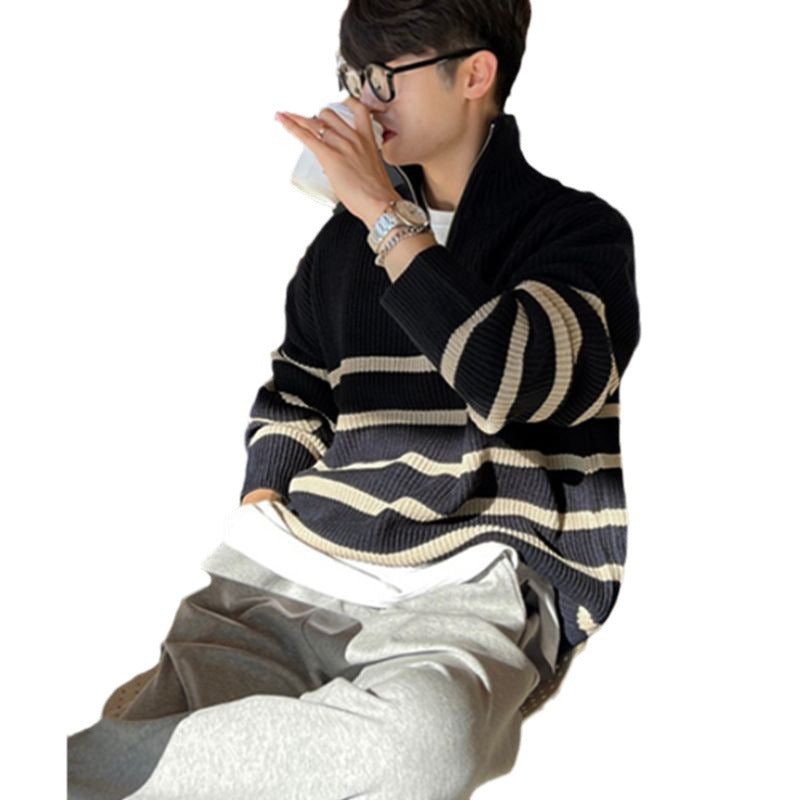 Fashion & Style Men's Thickened Striped Sweater Trendy Loose Pullover Woolen Sweater Top