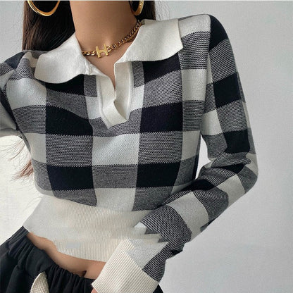 Plaid Sweater Womens Autumn Retro Slim-fit POLO Collar Bottoming Shirt Short Waist-tight Navel Top