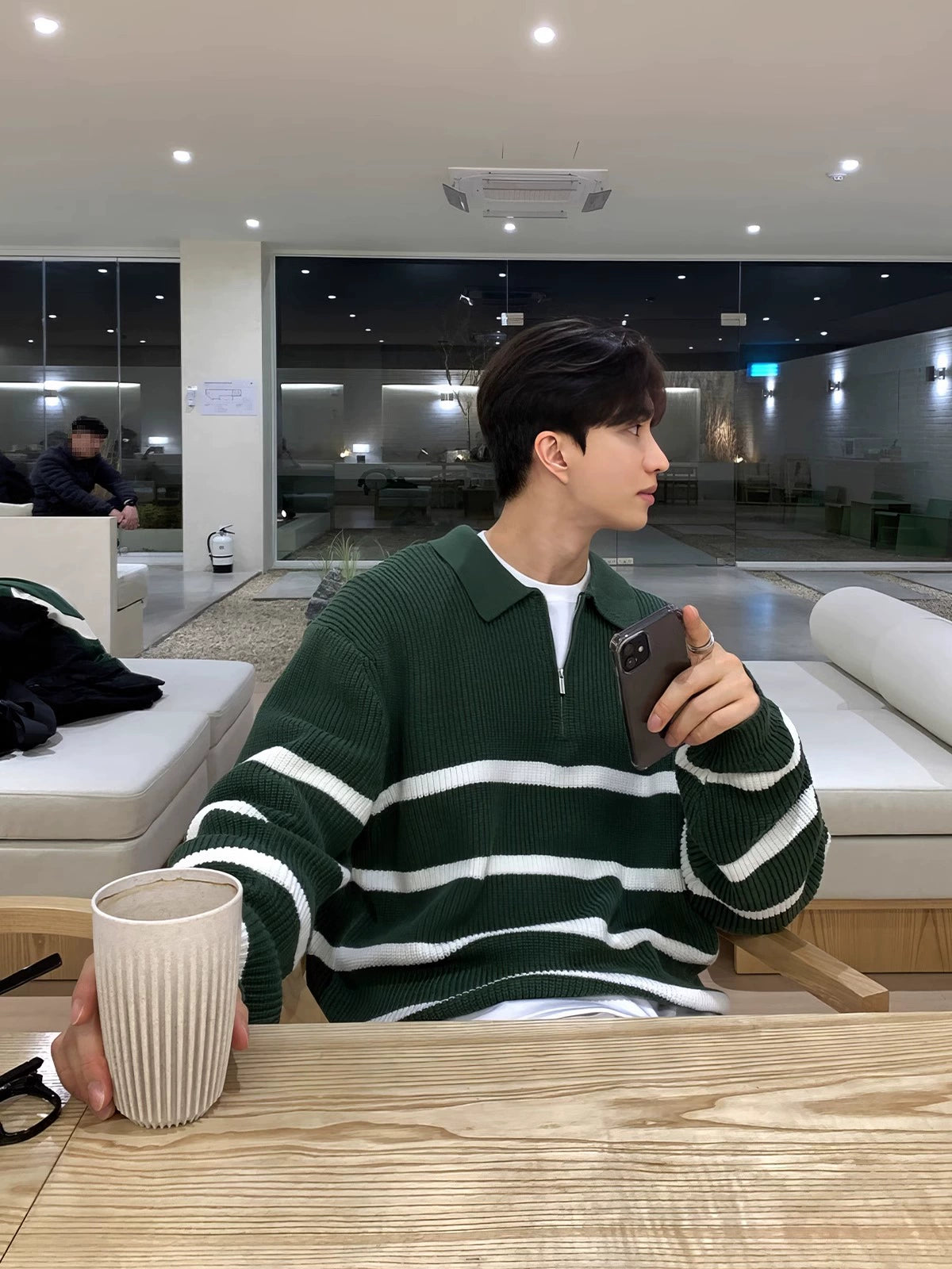 Green Striped Lapel Sweater Men&#039;s American High Street Half-zip Design Pullover Sweater Early Autumn Design Top