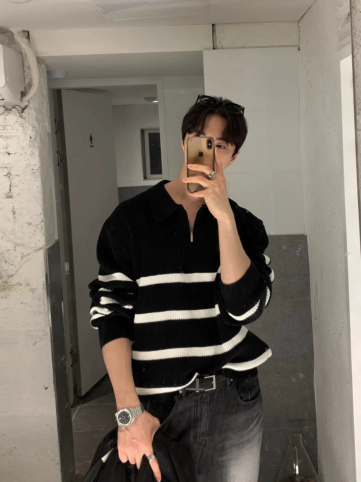 Green Striped Lapel Sweater Men&#039;s American High Street Half-zip Design Pullover Sweater Early Autumn Design Top