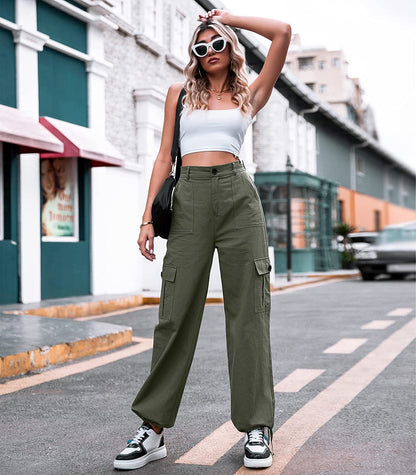 Summer New Casual Pants Womens Button High Waist Wide Leg Cargo Pants Womens Pants
