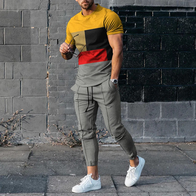 Men's Colorful Stitching Casual Sports Suit Summer Trousers Trendy Four-sided Outfit Set