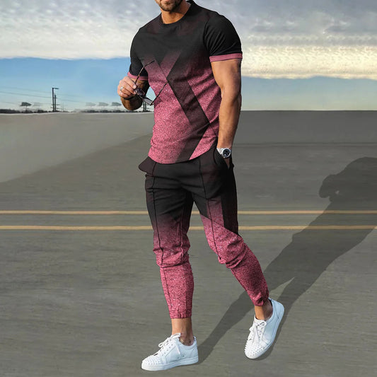 Men's Colorful Stitching Casual Sports Suit Summer Trousers Trendy Four-sided Outfit Set