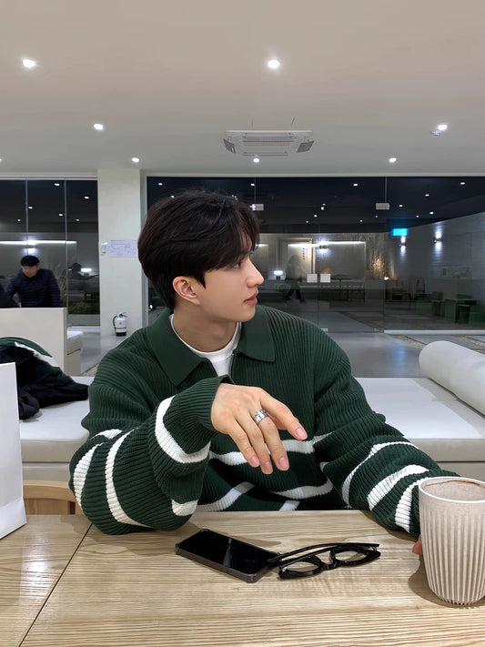 Green Striped Lapel Sweater Men&#039;s American High Street Half-zip Design Pullover Sweater Early Autumn Design Top