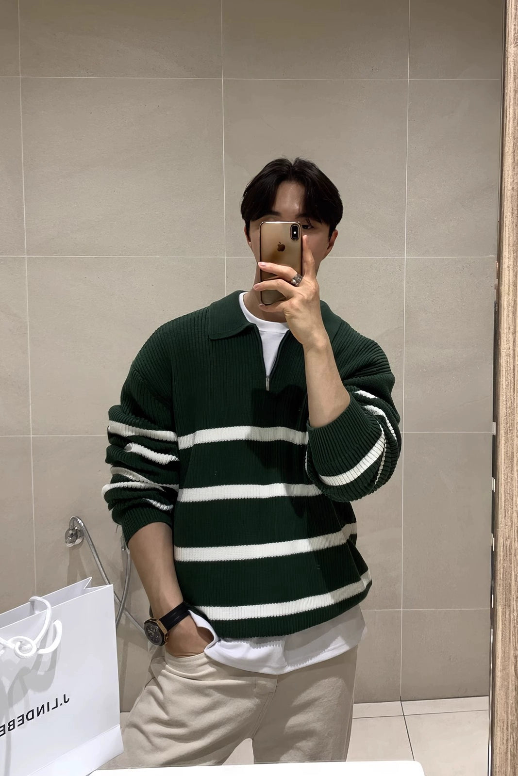 Green Striped Lapel Sweater Men&#039;s American High Street Half-zip Design Pullover Sweater Early Autumn Design Top