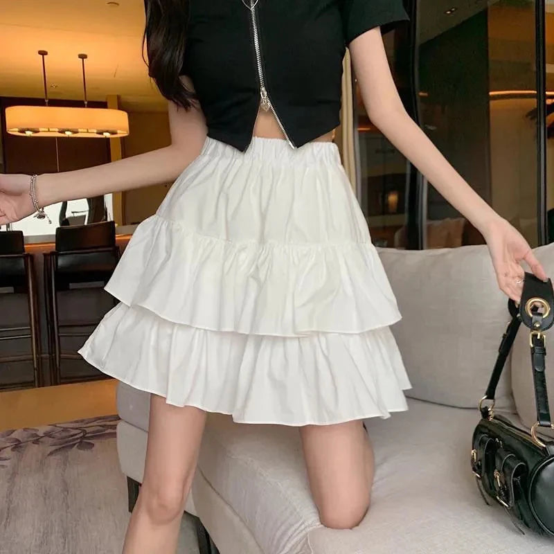 Pleated A-Line Skirt Women White Ruffle Sweet Tiered Pretty Style Skirt Elastic Waist Summer Slim Basic Korean Harajuku Dress