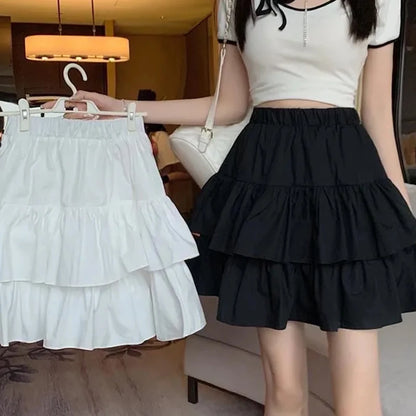 Pleated A-Line Skirt Women White Ruffle Sweet Tiered Pretty Style Skirt Elastic Waist Summer Slim Basic Korean Harajuku Dress