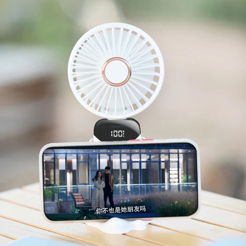 Mini Cute Handheld Folding Fan Portable Desktop Mobile Phone Holder 5 Gear Fan USB Rechargeable Free Battery Table Fan