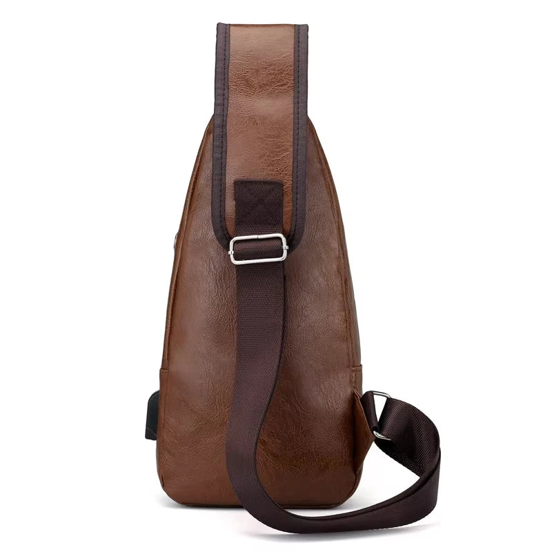 New USB Men's Chest Bag Portable Large Capacity Charging Leisure Diagonal Cross Bag Outdoor Sports PU Chest Bag
