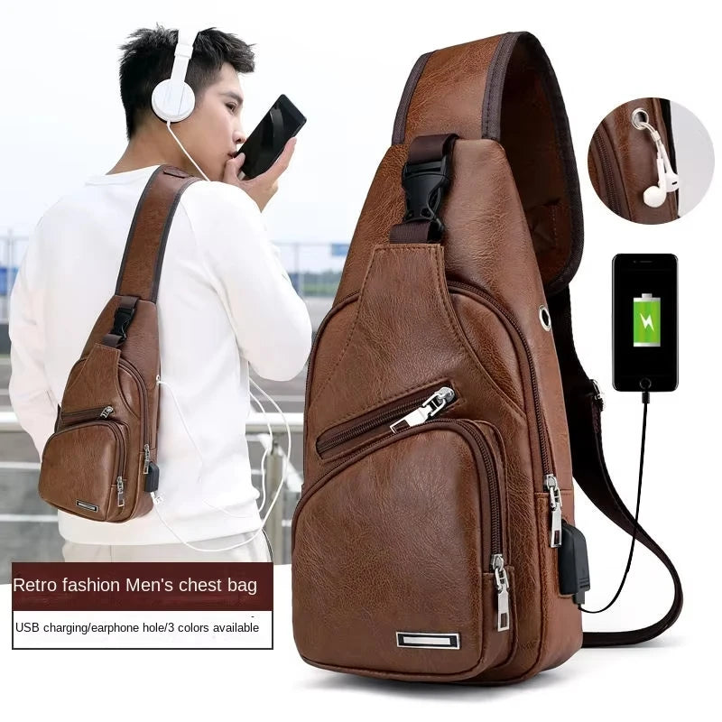 New USB Men's Chest Bag Portable Large Capacity Charging Leisure Diagonal Cross Bag Outdoor Sports PU Chest Bag