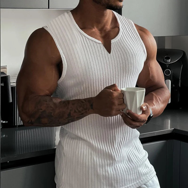 New Summer Men V-neck Vest stripe gym Tank top Men Fitness sleeveless shirt Sports Undershirt Gyms clothing Training vest