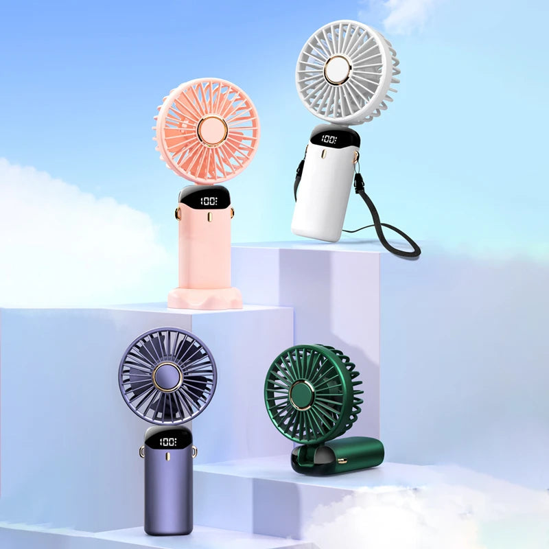 Mini Cute Handheld Folding Fan Portable Desktop Mobile Phone Holder 5 Gear Fan USB Rechargeable Free Battery Table Fan