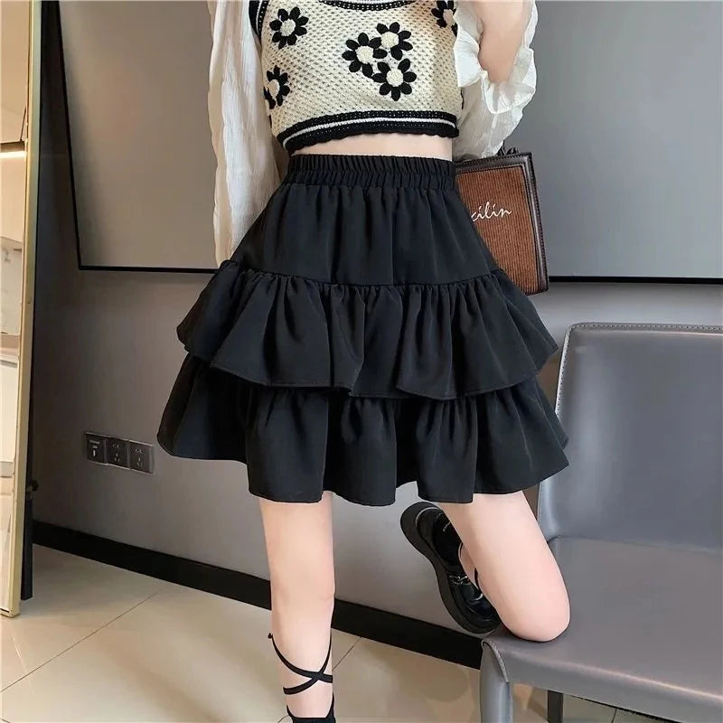 Pleated A-Line Skirt Women White Ruffle Sweet Tiered Pretty Style Skirt Elastic Waist Summer Slim Basic Korean Harajuku Dress