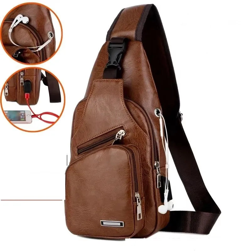 New USB Men's Chest Bag Portable Large Capacity Charging Leisure Diagonal Cross Bag Outdoor Sports PU Chest Bag