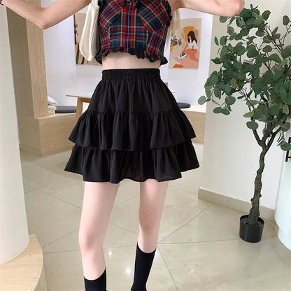 Pleated A-Line Skirt Women White Ruffle Sweet Tiered Pretty Style Skirt Elastic Waist Summer Slim Basic Korean Harajuku Dress