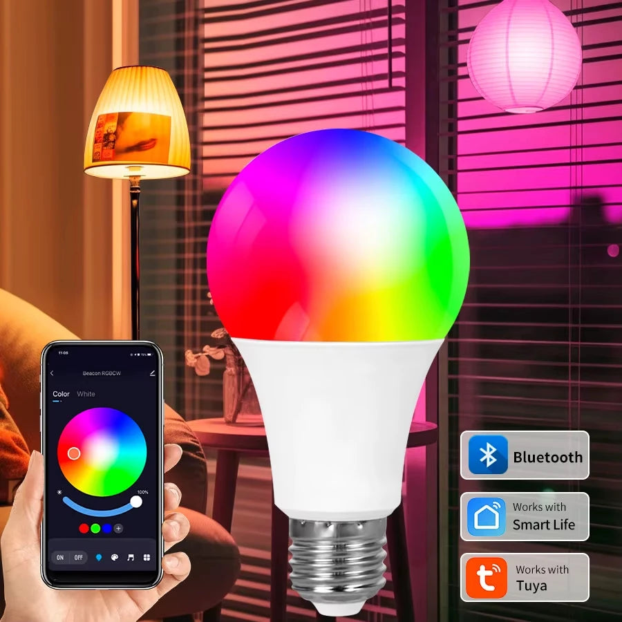 Bluetooth Smart LED Bulb E27 9W 220V RGB+CW+WW Tuya/Smart life APP Control LED Lamp with Timer for Bedroom Party Ambient Light
