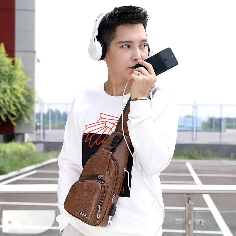 New USB Men's Chest Bag Portable Large Capacity Charging Leisure Diagonal Cross Bag Outdoor Sports PU Chest Bag