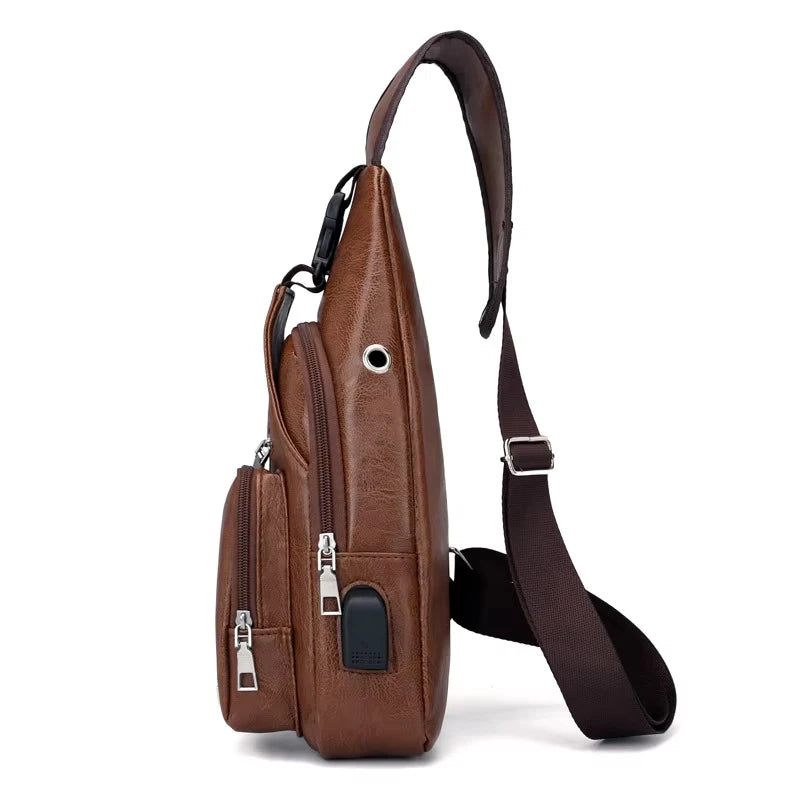 New USB Men's Chest Bag Portable Large Capacity Charging Leisure Diagonal Cross Bag Outdoor Sports PU Chest Bag