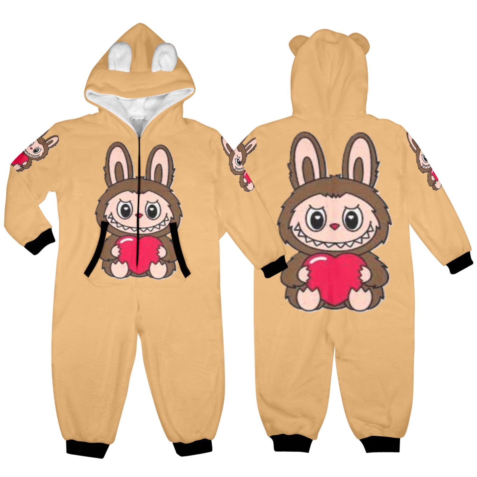 Beige onesie with cartoon character on front and back, white background