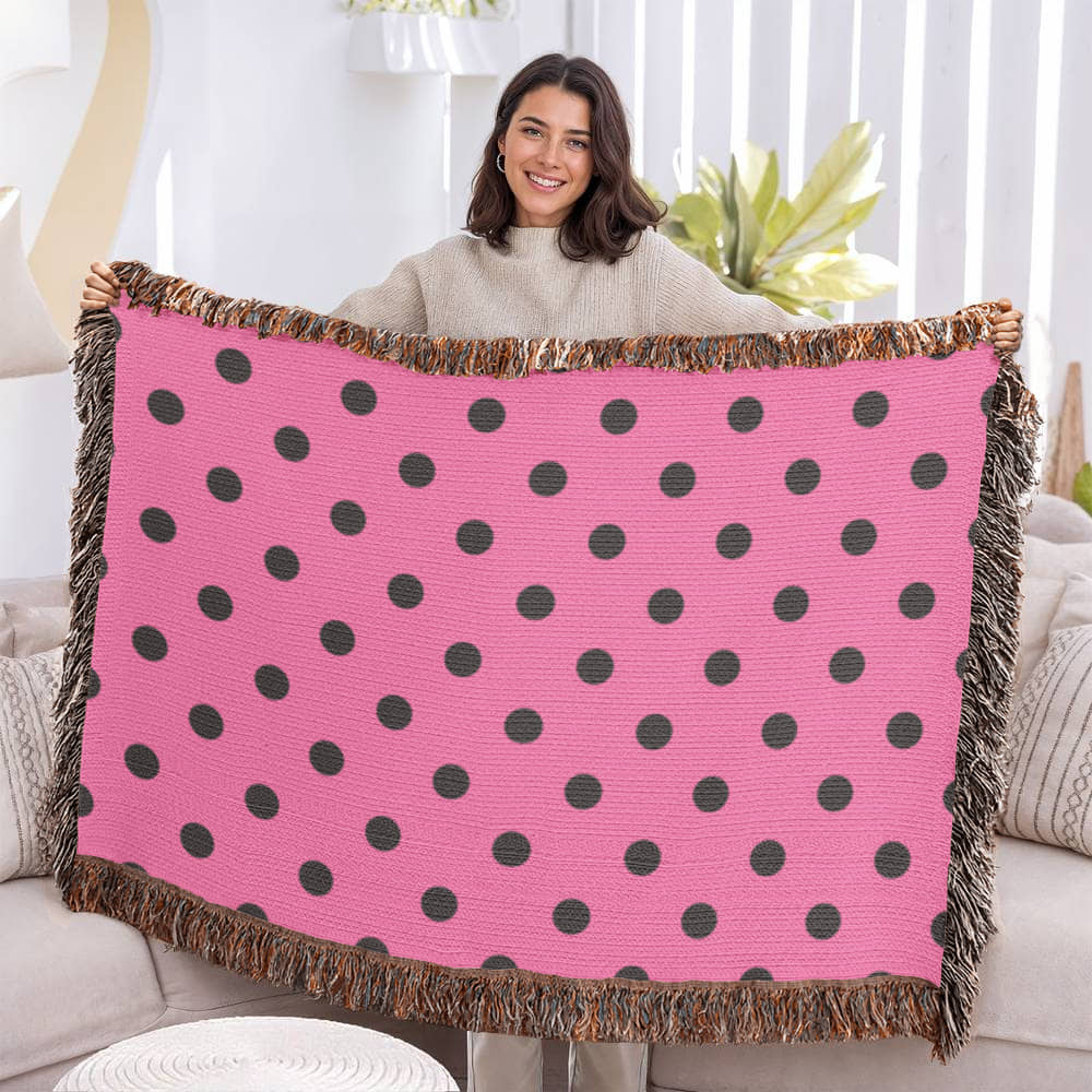 Custom Designer Pink & Black Polka Dot Heirloom Artwork Woven Blanket