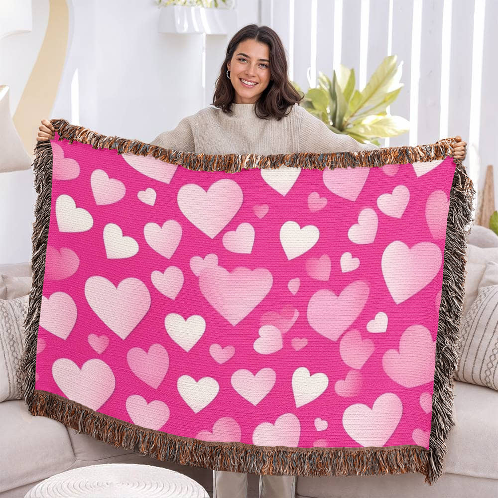 Custom Designer Pink Heart Heirloom Artwork Woven Blanket