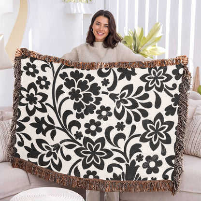 Custom Black Designer Floral Pattern Heirloom Artwork Woven Blanket