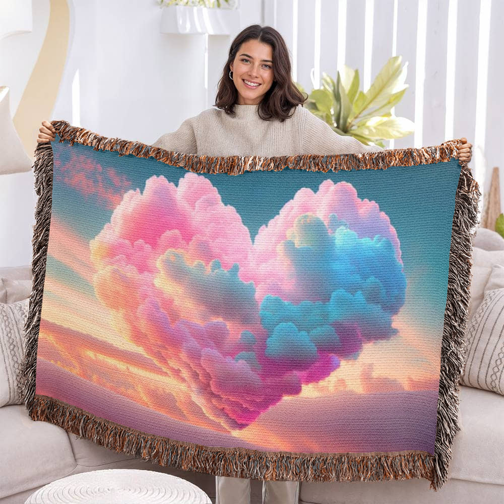 POPULAR - Cotton Candy Cloud Heart Design Heirloom Artwork Woven Blanket
