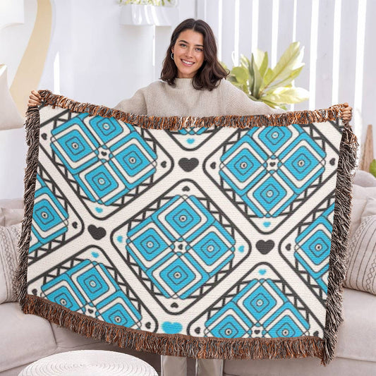 Turquoise Heart Pattern Heirloom Woven Blanket - Custom Designer Blanket