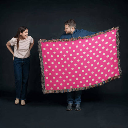 HOT ITEM- CUSTOM DESIGNER WHITE & PINK POLKA DOT LADY BUG HEIRLOOM ARTWORK WOVEN BLANKET