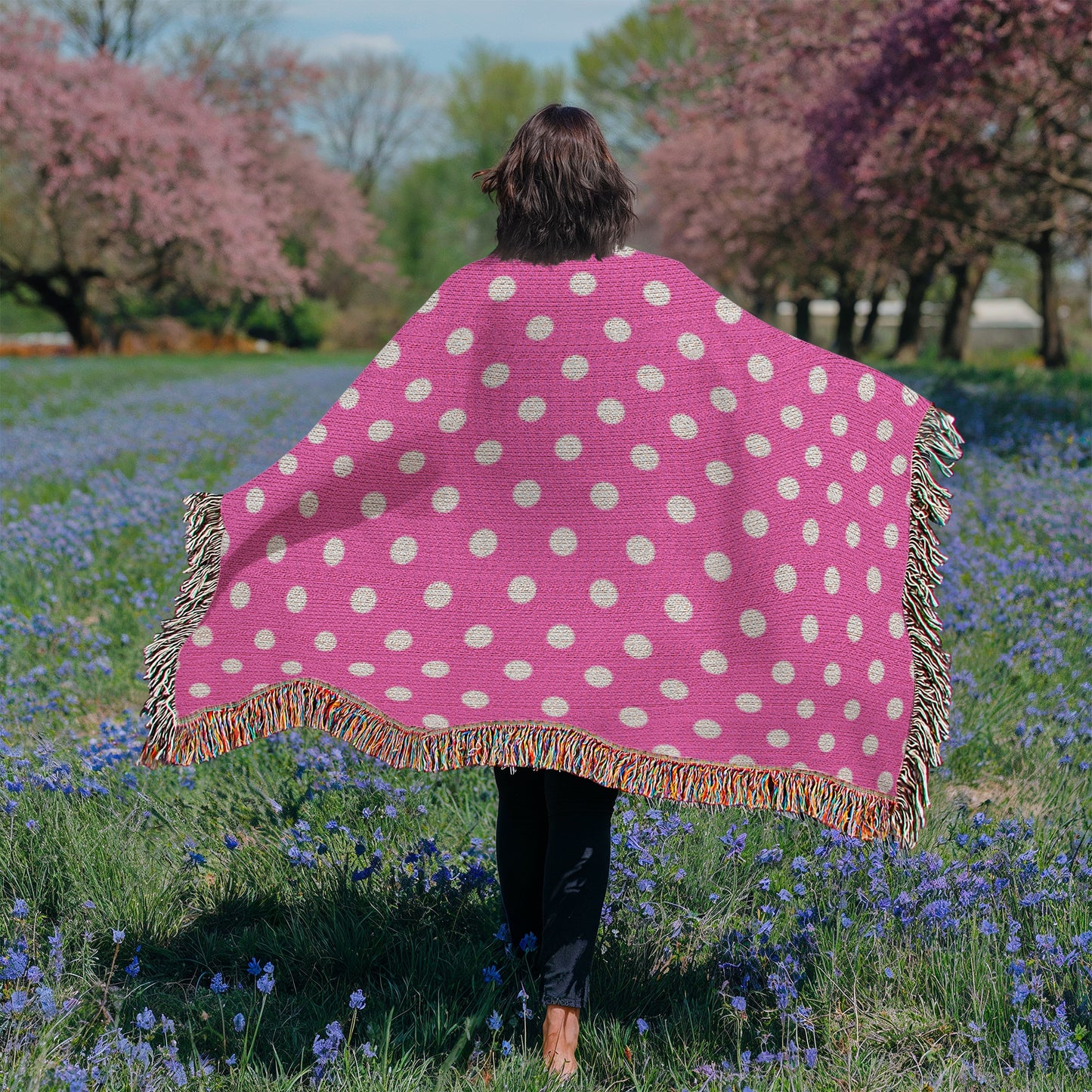 HOT ITEM- CUSTOM DESIGNER WHITE & PINK POLKA DOT LADY BUG HEIRLOOM ARTWORK WOVEN BLANKET