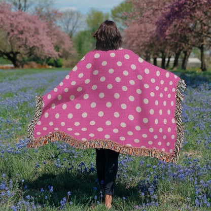 HOT ITEM- CUSTOM DESIGNER WHITE & PINK POLKA DOT LADY BUG HEIRLOOM ARTWORK WOVEN BLANKET