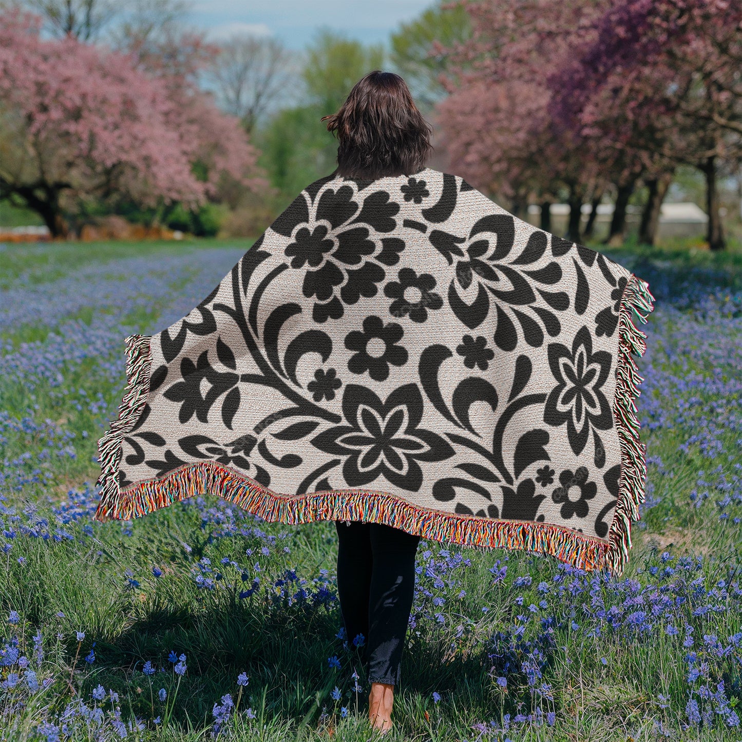 Custom Black Designer Floral Pattern Heirloom Artwork Woven Blanket