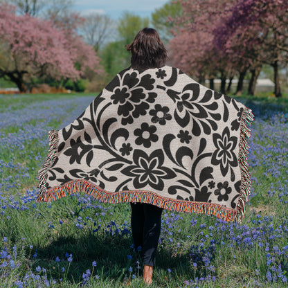 Custom Black Designer Floral Pattern Heirloom Artwork Woven Blanket