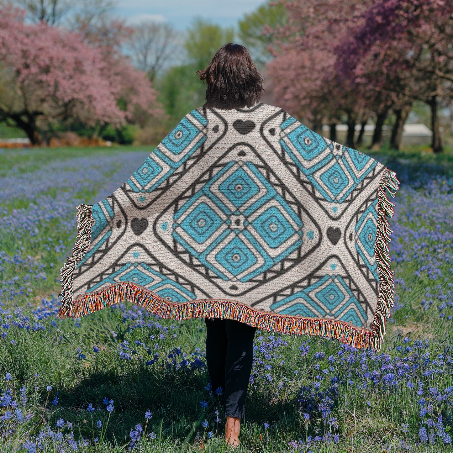 Turquoise Heart Pattern Heirloom Woven Blanket - Custom Designer Blanket