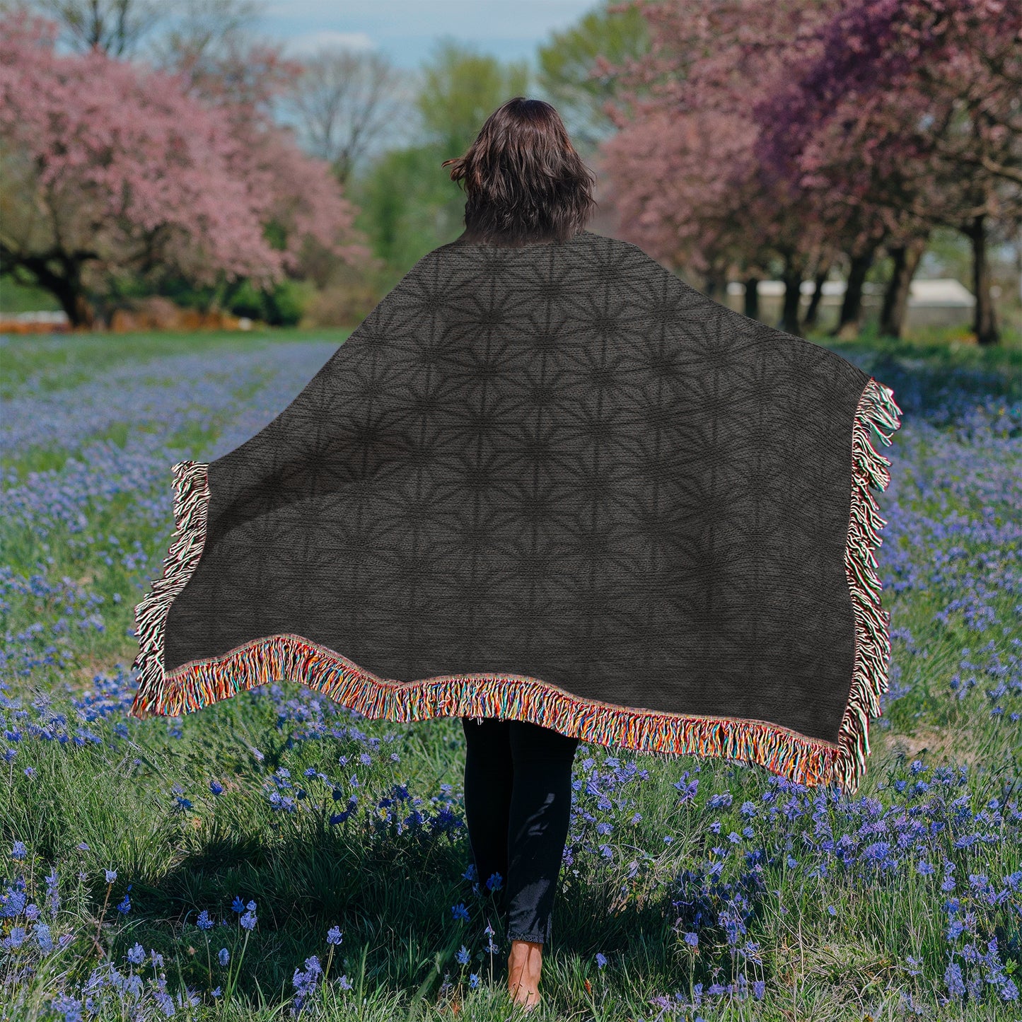 Custom Designer Black Flower Star Pattern Heirloom Artwork Woven Blanket