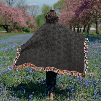 Custom Designer Black Flower Star Pattern Heirloom Artwork Woven Blanket