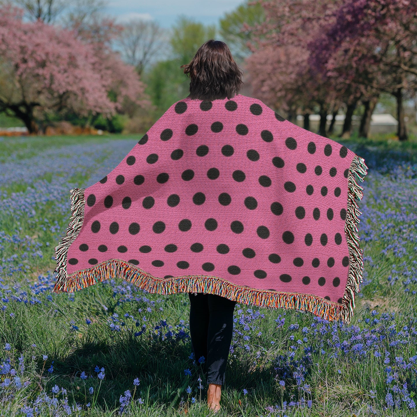 TRENDING -CUSTOM DESIGNER LADY BUG BLACK POLKA DOT PINK HEIRLOOM ARTWORK WOVEN BLANKET