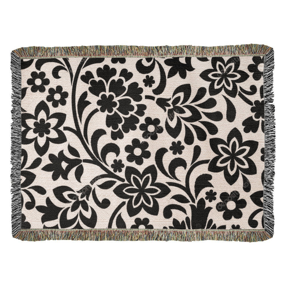 Custom Black Designer Floral Pattern Heirloom Artwork Woven Blanket