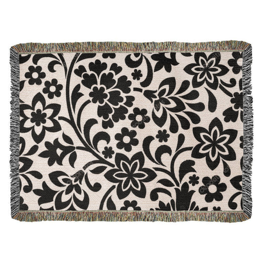 Custom Black Designer Floral Pattern Heirloom Artwork Woven Blanket