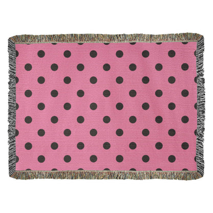 Custom Designer Pink & Black Polka Dot Heirloom Artwork Woven Blanket