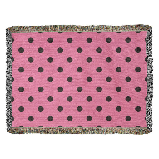 Custom Designer Pink & Black Polka Dot Heirloom Artwork Woven Blanket