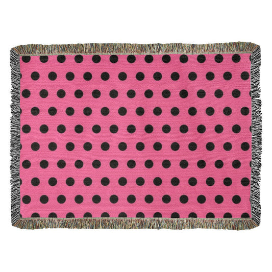 TRENDING -CUSTOM DESIGNER LADY BUG BLACK POLKA DOT PINK HEIRLOOM ARTWORK WOVEN BLANKET