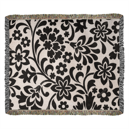 Custom Black Designer Floral Pattern Heirloom Artwork Woven Blanket