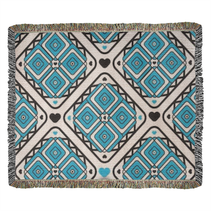 Turquoise Heart Pattern Heirloom Woven Blanket - Custom Designer Blanket