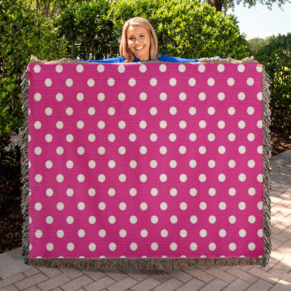 HOT ITEM- CUSTOM DESIGNER WHITE & PINK POLKA DOT LADY BUG HEIRLOOM ARTWORK WOVEN BLANKET