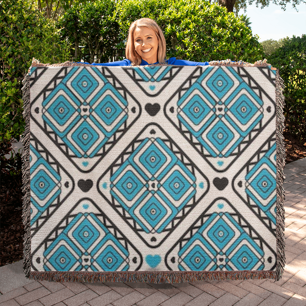 Turquoise Heart Pattern Heirloom Woven Blanket - Custom Designer Blanket